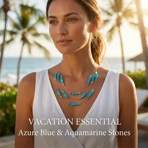 Detailed view of bohemian triple-layered necklace with azure and aquamarine beads
