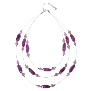 Three-layer bohemian beaded necklace featuring purple marble and pink crystal beads