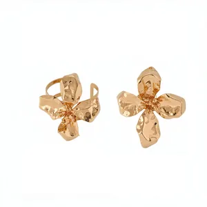 Elegant gold metallic crumpled flower ring and adjustable open cuff bracelet jewelry set