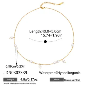 Detailansicht der 18K vergoldeten Edelstahl-Perlenkette mit Größenangaben.