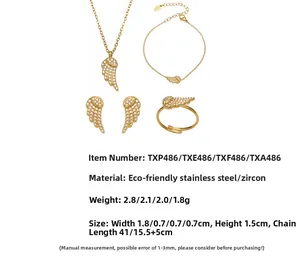 Detailed dimensions of 18k gold plated wing jewelry set with cubic zirconia stones