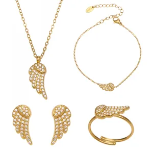 Golden angel wing jewelry set including necklace, bracelet, earrings and open ring with zircons