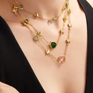 18K Gold Plated Stainless Steel Hollow Heart Pendant Necklace For Women Elegant Colorful Glass Stone Fashion Jewelry Gift