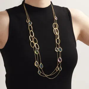 Collana Lunga da Donna in Acciaio Inossidabile Ciondolo a Goccia in Vetro Colorato Catena a Strati Gioiello Regalo