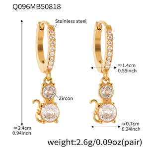 Detailed view of cat-shaped stainless steel earrings with zircon inlay and dimensions