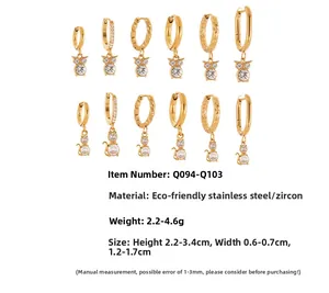Selection of 18k gold plated stainless steel cat and owl earrings with zircon accents