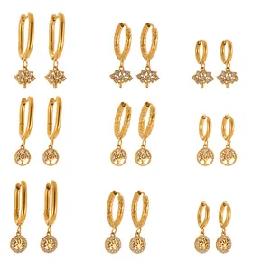 Lot de 9 paires de boucles d'oreilles Arbre de Vie en acier doré avec oxydes de zirconium