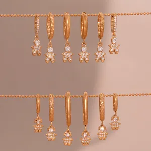Stainless Steel Zircon Hoop Earrings With Little Man Girl Pendant Gold Plated Fashion Tiny Dainty Jewelry For Women