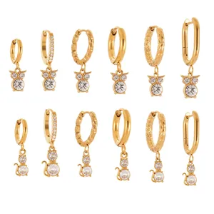 18k gold plated stainless steel cat and owl earrings set with zircon accents