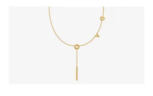 Macro shot of 18k gold plated titanium necklace featuring Love letter charms and bar pendant