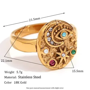 Vintage 18K gold plated stainless steel ring with moon, star, and evil eye symbols