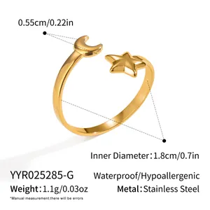Detailed view of gold star moon stainless steel open ring with sizing and material info