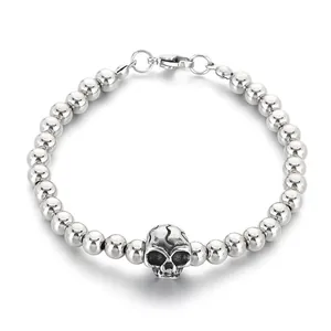 Punk style 6mm stainless steel round bead bracelet with central skull charm