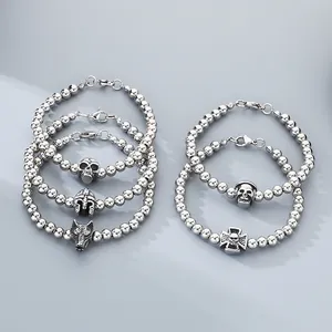 Stainless Steel Beaded Bracelet For Men Women 6mm Round Beads Gothic Punk Skull Wolf Head Spartan Helmet Cross Charm Hand Chain