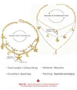 Detailed measurements of Bohemian layered necklaces with starfish and seashell charms.