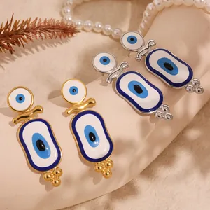 Titanium steel evil eye drop earrings in gold and silver finish with enamel charms