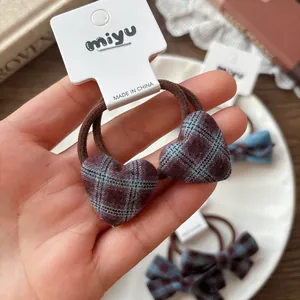 Chouchous nœuds et cœurs à carreaux bleus pour filles, style coréen automne-hiver