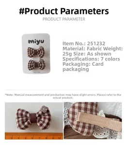Detail of checkered bow hair clip with product dimensions and card packaging specifications