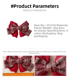 Detail shot of the large red lace bow hair clip with size measurement on a white background