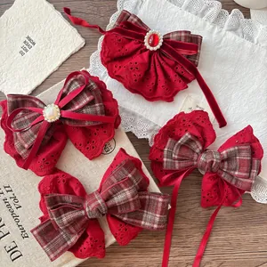 Vintage Red Lace Bow Hair Clip Large Plaid Ribbon Sweet Fabric Alloy Faux Artificial Pearl Hairpin For Women Girls Party Hair Accessory