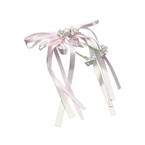 Barrette à cheveux élégante style français avec nœud en ruban, fleurs et perles de mariée