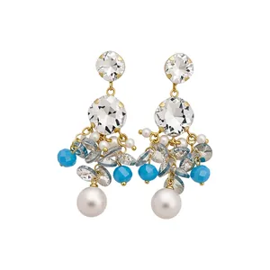Elegant blue beaded chandelier earrings featuring clear crystals and white pearls