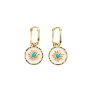 Elegant 24k gold-plated hoop earrings with mother-of-pearl sunburst and turquoise accents