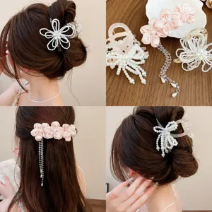 Korean Style Sweet Artificial Pearl Flower Bow Hair Clip For Women Pink White Satin Floral Tassel Hair Claw Clip Elegant Fashion Hair Accessories