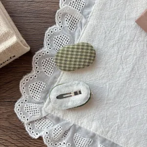 Green plaid fabric mini BB hair clip for girls with vintage oval design and metal grip
