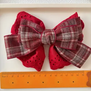 Large red lace and plaid bow hair clip, 15cm wide festive hair accessory for girls