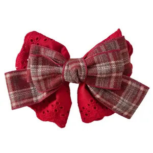 Large festive red lace bow hair clip with vintage plaid ribbon for girls and women