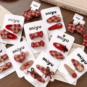 Sweet Plaid Bow Hair Clip Fabric Red Brown Checkered Star Heart Bear Hair Pins Hair Ties For Girls Women Hair Accessories