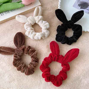 Sweet Velvet Rabbit Ear Scrunchies For Women Handmade Bow Knot Hair Ties Elastic Ponytail Holders Winter Hair Accessories