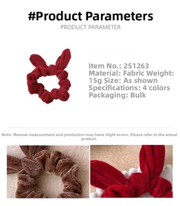 Detail showing velvet scrunchie texture with bunny ears and product specifications