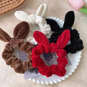 Velvet rabbit ear scrunchies in red, white, black, and coffee for autumn winter