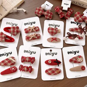 Sweet red checkered bow hair clip set with bear embroidery and pom-poms for girls