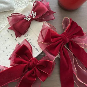 Fermagli per Capelli con Fiocco in Velluto Rosso per Bambine Forcina con Nastro in Organza Rosso Vino con Corona di Strass e Pompon Accessori per Capelli da Principessa