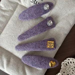 Sweet Purple Woolen Fabric BB Hair Clips Women Girls Rhinestone Heart Smile Face Decor Korean Style Hairpins Accessory