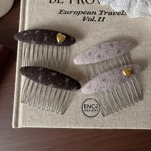 Peigne à Cheveux Cœur en Tissu de Laine Vintage pour Femmes Élégante Pince à Cheveux avec Nœud Brodé Accessoires de Cheveux Style Coréen