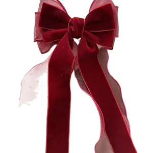 Fermaglio per capelli con fiocco in velluto bordeaux e organza con nastro per bambine