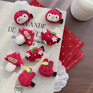 Children Red Cute Cartoon 3D Stuffed Knitted Hair Clip Handmade Mushroom Apple Penguin Rabbit Hairpin For Girls Hair Accessories