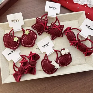 Kinderen Wijnrood Strik Hart Ster Haarelastiekjes Handgemaakt Zoet Bourgondië Vilt Elastische Haarringen Meisjes Nieuwjaar Feest Sieraden