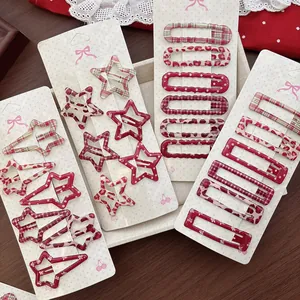 Set de 6 barrettes à cheveux rouges pour filles avec motifs étoiles, léopard et carreaux