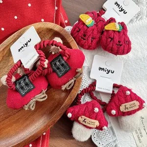 Cute handmade knit red animal hair ties set with mushroom and heart charms for kids