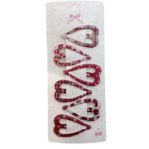 Lot de 6 jolies barrettes en forme de cœur rouge avec motifs léopard et carreaux