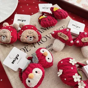 Kids Red Cute Cartoon Animal Plush Hair Ties Mushroom Rabbit Bear Apple Knitted Elastic Hair Bands For Girls Accessories