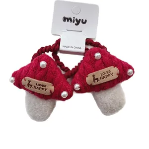Cute red mushroom elastic hair ties with white pearls and deer leather tag for kids
