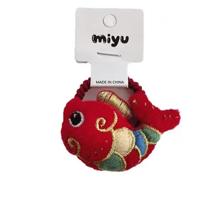 Festive red koi fish plush hair tie with golden embroidery and high elastic rope