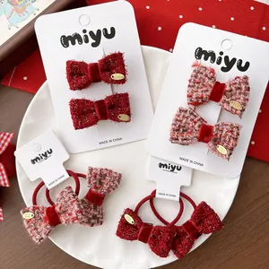 Sweet Red Tweed Bowknot Hair Clips And Star Hair Ties For Girls Christmas New Year Handmade Festive Hair Accessories