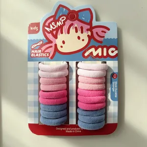 Detail of high-elasticity candy colored towel hair ties on a cartoon display card